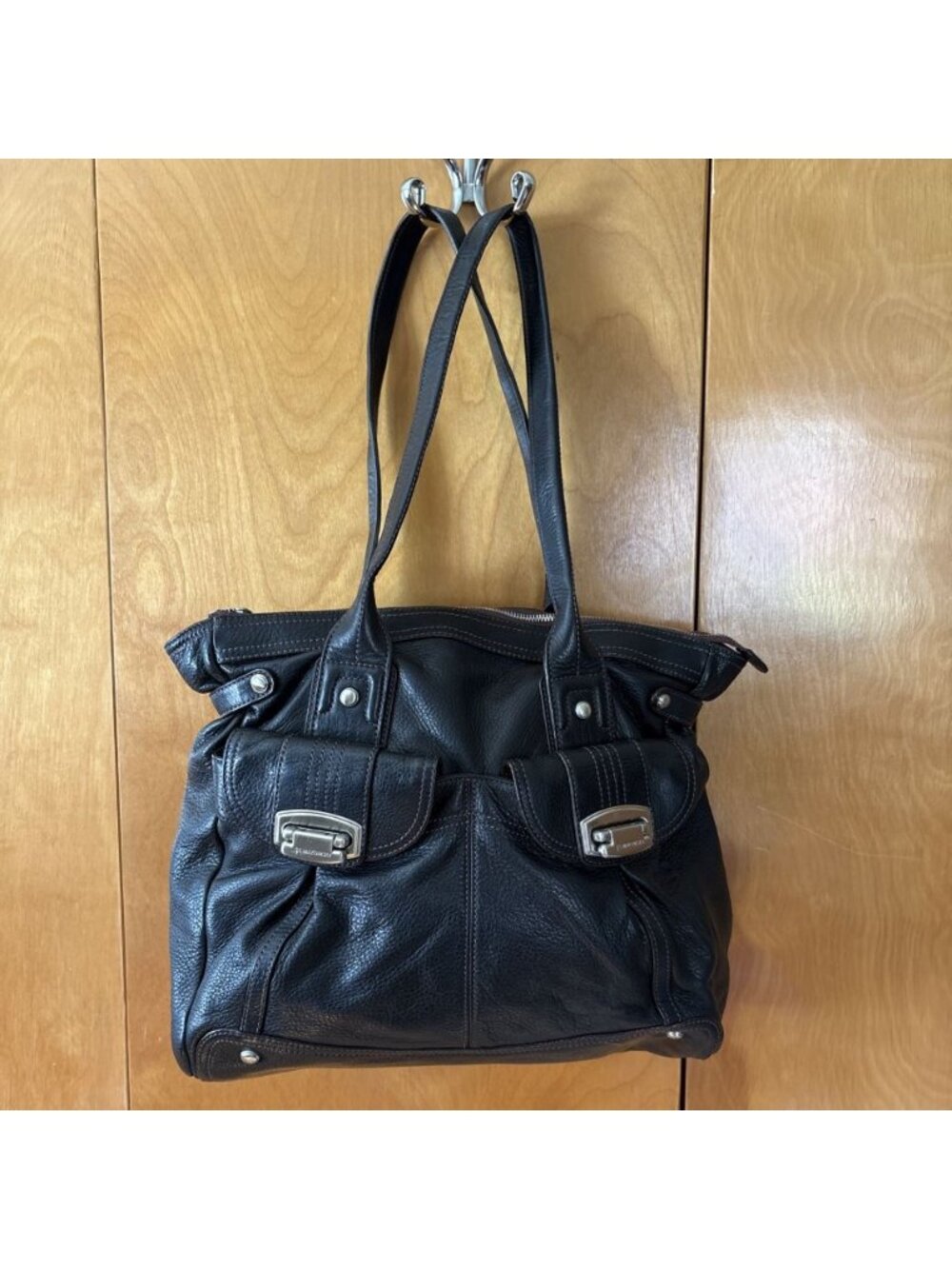 B Makowsky Satchel Black Genuine Leather Shoulder Bag Large Purse Double Handle
